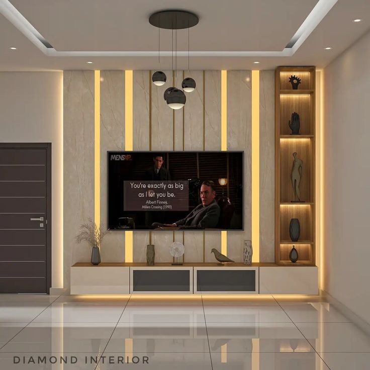 Backlit Marble TV Unit with Fluted Paneling