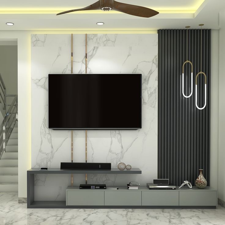 Modern Marble & Charcoal Fluted TV Console