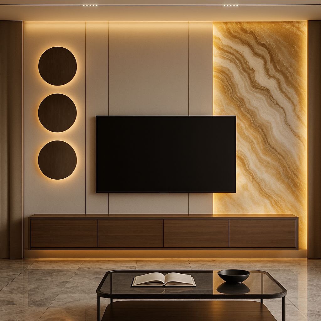 Backlit Amber Onyx Marble TV Entertainment Wall