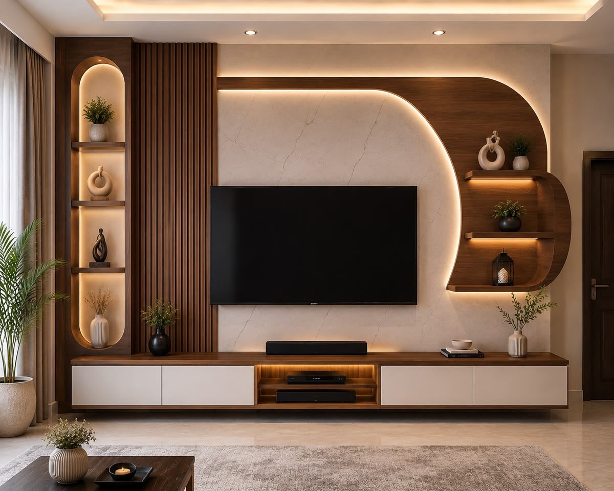 Curved Organic Arch Walnut TV Entertainment Console